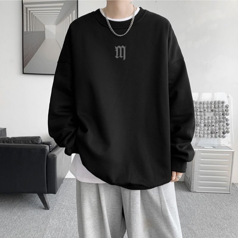 Felpa girocollo primaverile e autunnale da uomo, maglietta con spalle scese stampate, giacca ampia senza cappuccio, coppia alla moda_voghion.com