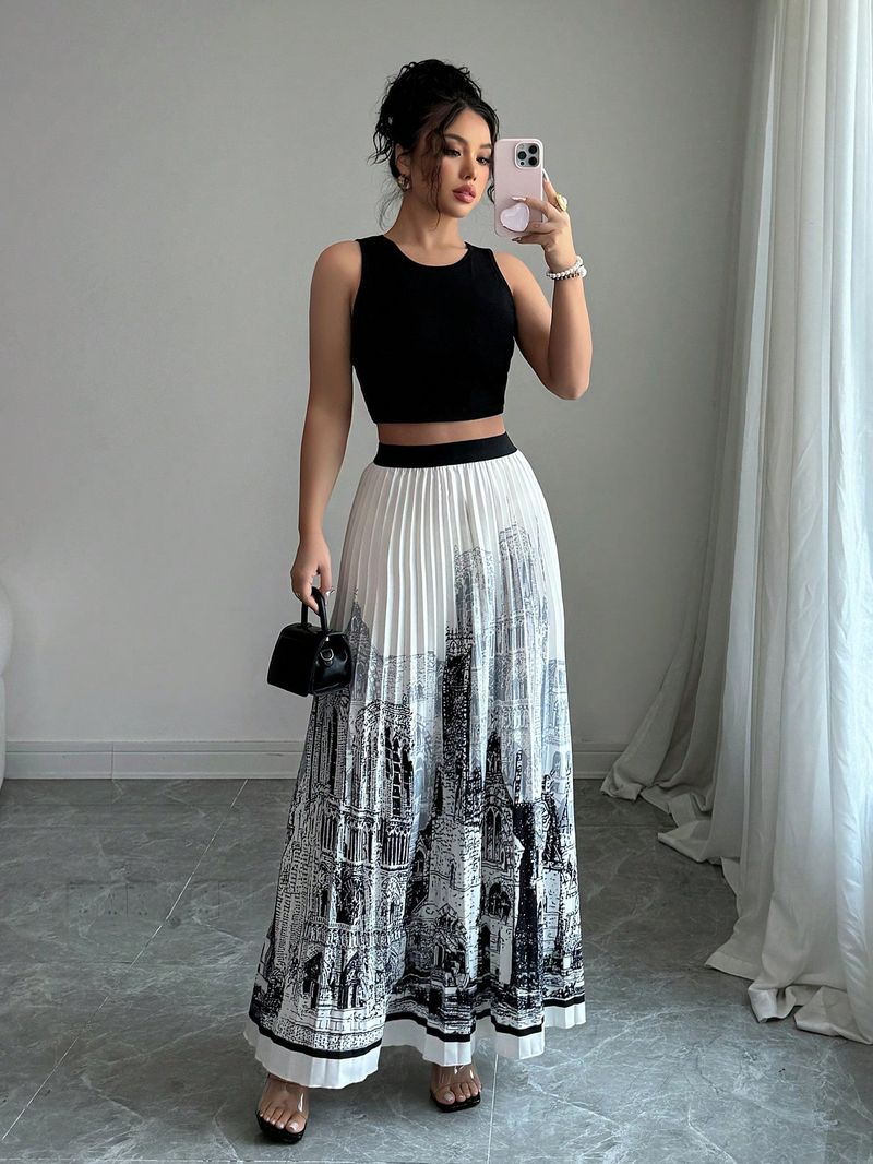 Ärmelloses Sommerkleid-Set mit Aquarelldruck – fließender High-Low-Rock und einfarbiges Tanktop, vielseitiges zweiteiliges Outfit für Damen_voghion.com