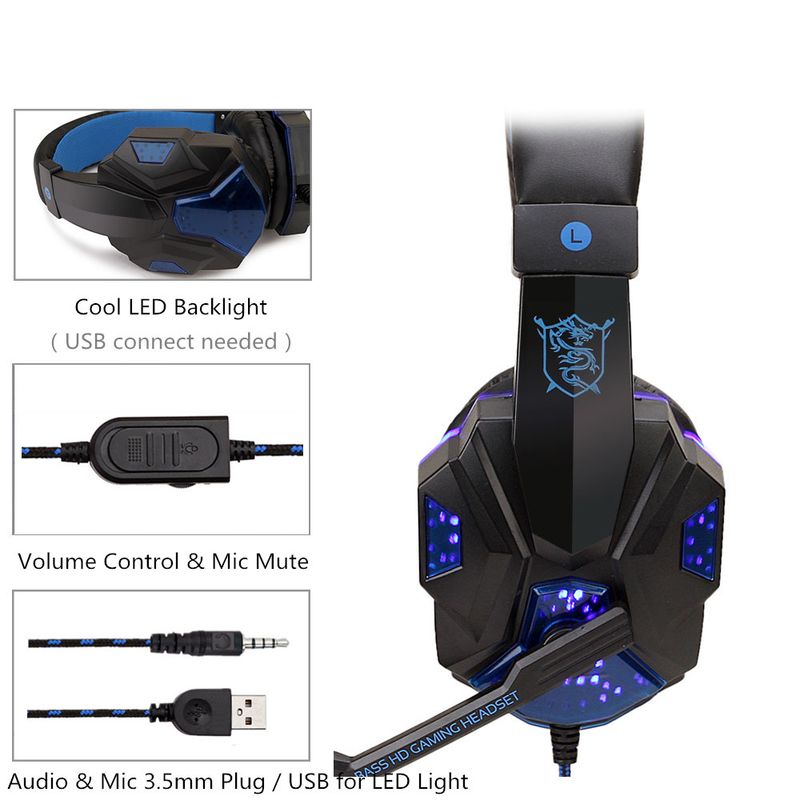 Auriculares para juegos con cable y luz LED, micrófono y cancelación de ruido para PC, portátil, PS4, PS5 y Xbox._voghion.com
