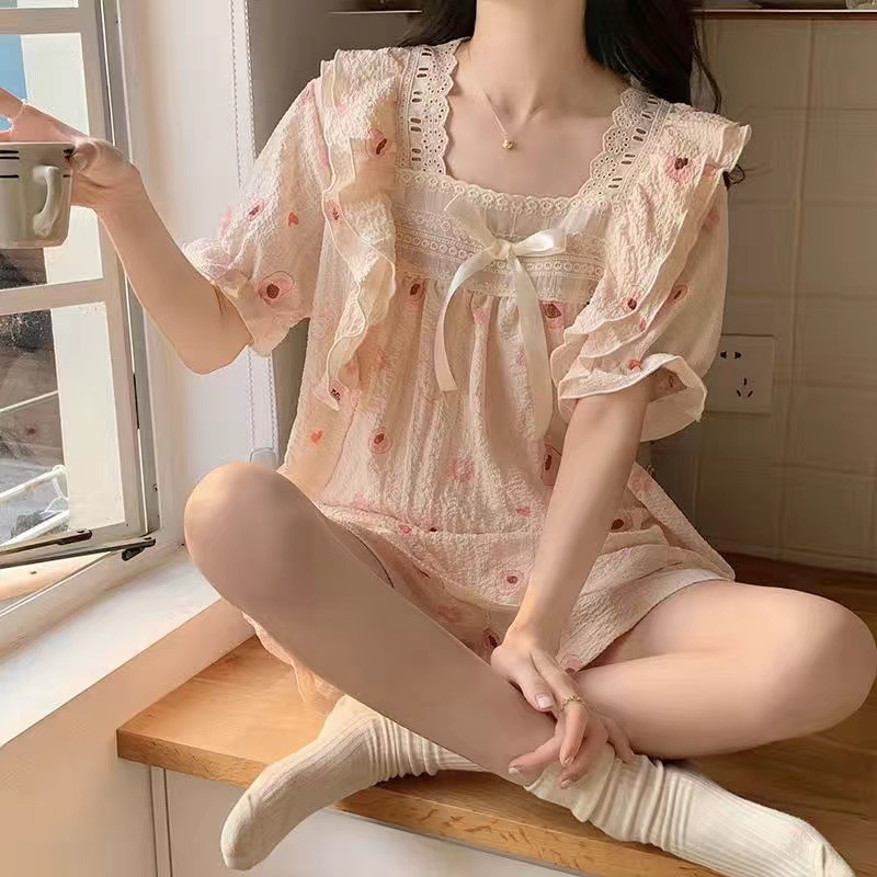 Live Broadcast Summer Short Sleeve Lace Bubble Wrinkle Pajamas Cartoon Sweet Pullover Home Clothes Female Outwear_voghion.com