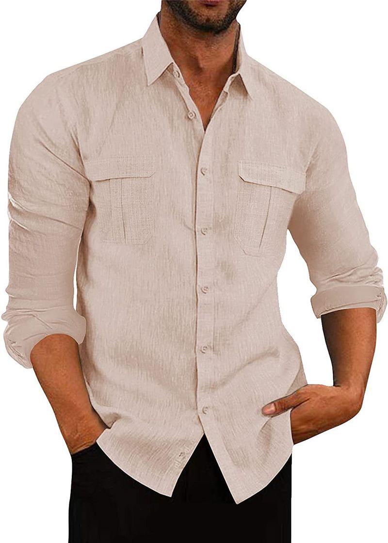 Camicia casual da vacanza a maniche lunghe in cotone e lino con doppia tasca da uomo, 6 colori_voghion.com
