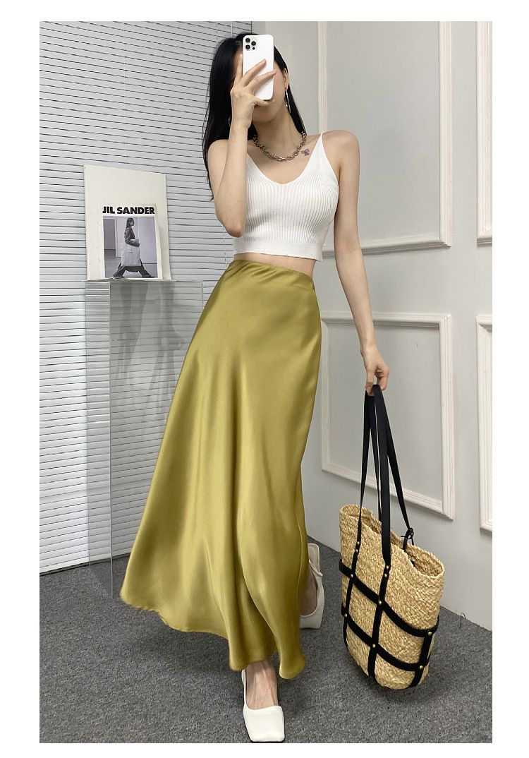 2024 Summer New Luxury High Waist Slim Satin Smooth French Fishtail Wrap Hip Long Half Skirt Children's_voghion.com