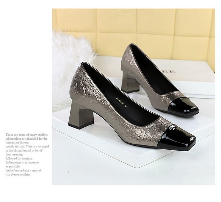 Patchwork Pendlerschuhe mit hohem Absatz, mittlerem Absatz, klobiger quadratischer Zehenpartie und schlichten Schuhen_voghion.com