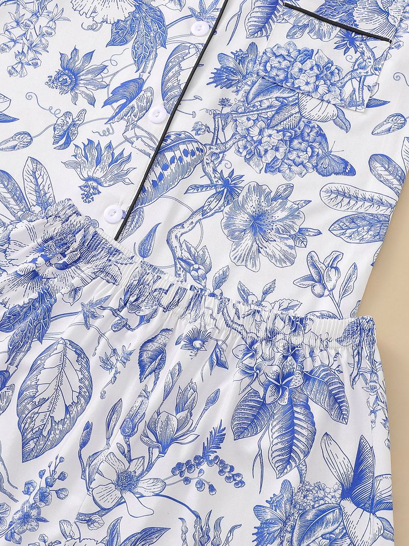 Damen Nachtwäsche Weißer Hintergrund Blau Blumendruck Damen Kurzarm Shorts Home Wear Anzug Strickjacke Lose_voghion.com