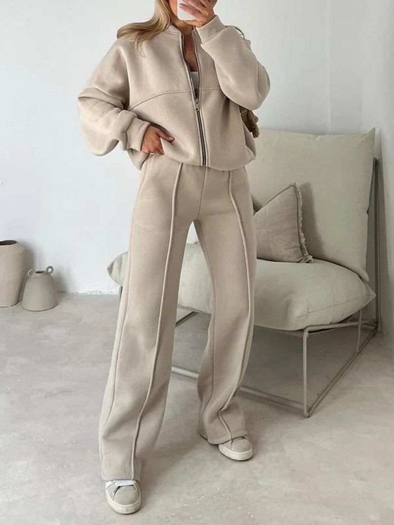 Damenbekleidung Neue Mode Freizeitanzug Einfarbig Langarm Sweatshirt Reißverschluss Hose Zweiteiliger Anzug_voghion.com