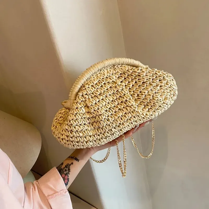 Borsa da donna in paglia intrecciata con tracolla a catena, grande capacità, elegante, a tracolla, tinta unita, per spiaggia estiva, 250614l_voghion.com