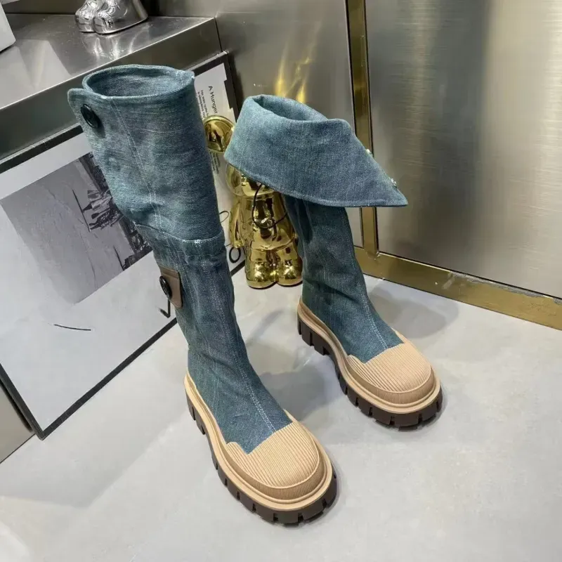 Retro Denim Chunky Platform For Women 2024 Autumn Patchwork Western Style Cowboy Boots Woman Thick Heels Mid Calf Botas_voghion.com
