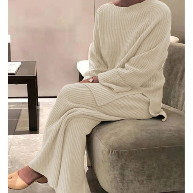Kleidung langärmeliger, einfarbiger, gestrickter, lässiger, zweiteiliger Strickpullover_voghion.com