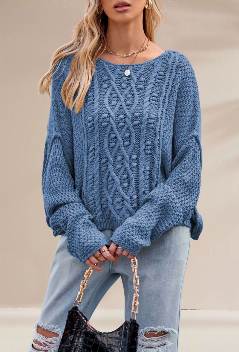 Maglione lavorato a maglia tinta unita con scollo rotondo e corda intrecciata, in vendita transfrontaliera, autunno inverno 2025, nuovo_voghion.com