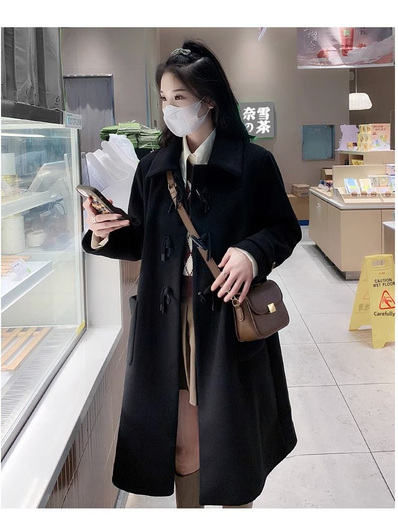 Women's woolen coat with horn buckle, autumn and winter 2023 New woolen coat, small mid-length Hepburn trendy_voghion.com