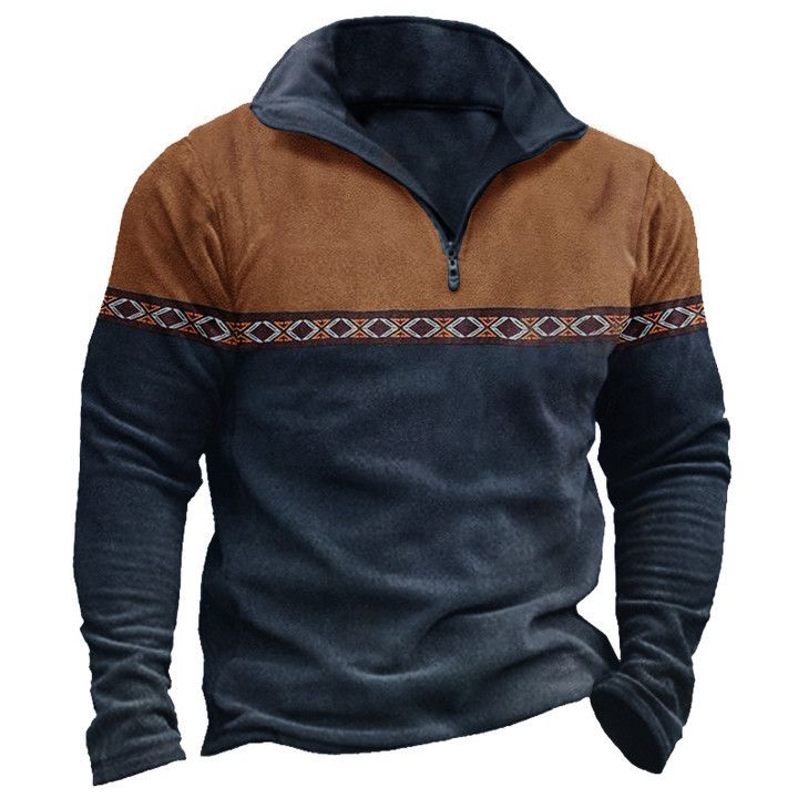 Großes Patchwork-Poloshirt mit Reißverschluss-Kapuze für die tägliche Freizeit im Freien_voghion.com
