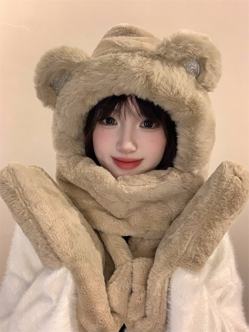 Set di cappello invernale soffice, sciarpa, guanti, berretto morbido in maglia con paraorecchie e accessori floreali staccabili, calda fodera in pile, coulisse regolabile_voghion.com