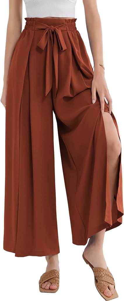 Calça Palazzo Feminina Leve, Casual, de Cintura Alta, com Bolsos e Fenda - Calça Larga e Flutuante para o Verão_voghion.com