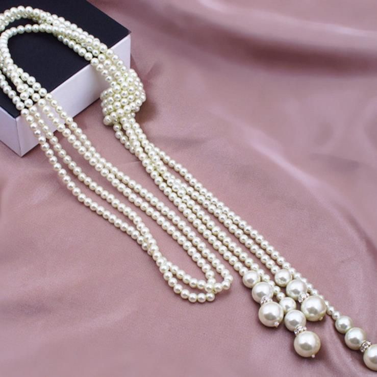 Collar largo de doble capa de perlas versátil de estilo coreano para mujer con múltiples capas de cadenas de suéter anudadas_voghion.com