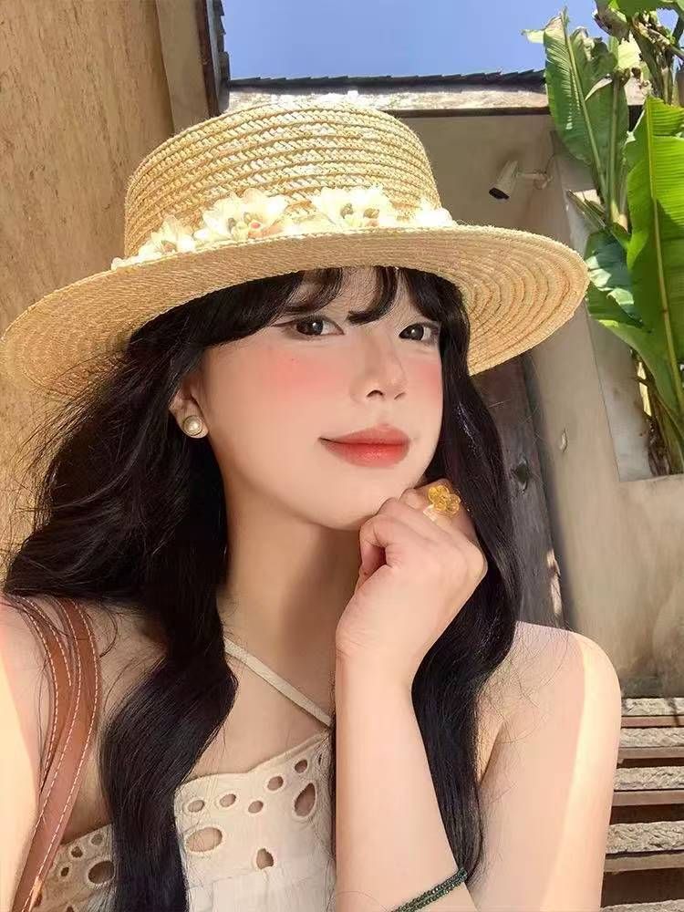 Cappello di paglia a forma di fiore, con parte superiore piatta, da donna, estivo, da spiaggia, da mare, con protezione solare, pastorale, a cilindro_voghion.com
