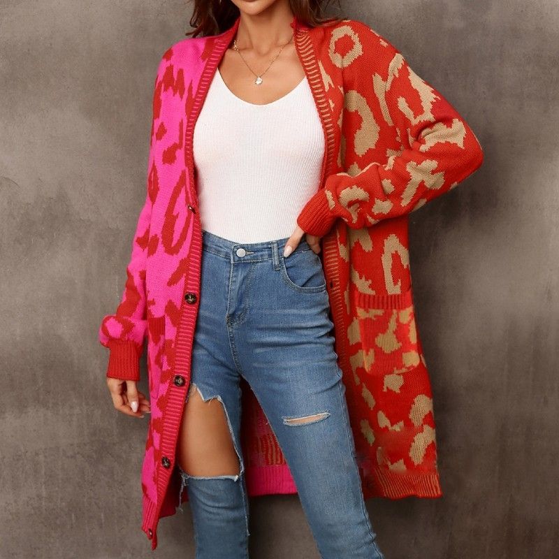 Women's Leopard Print Blend Knit Cardigan Longline Coat - Stylish & Comfortable Open Front Sweater For Fall & Winter_voghion.com