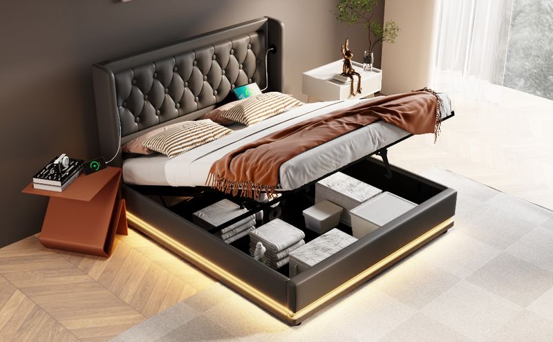 Lit double 160 x 200 cm, matelas en polyuréthane noir, lit coffre hydraulique avec chargement USB Type-C et éclairage LED sur 3 côtés, tête de lit rembourrée (matelas inclus)._voghion.com