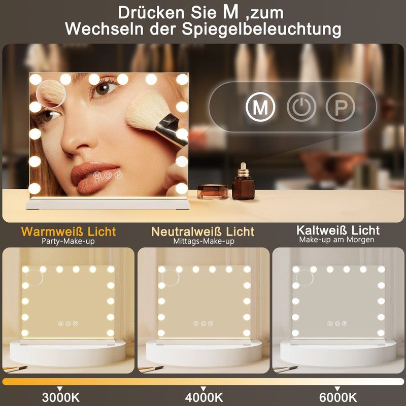 Glitzerlife Hollywood Schminkspiegel Mit Beleuchtung - Schminktisch Spiegel Mit 14 LED Licht USB Anschluss Groß 50x40cm Mirror 3 Modi Touch Dimmbar Vanity Mirror_voghion.com