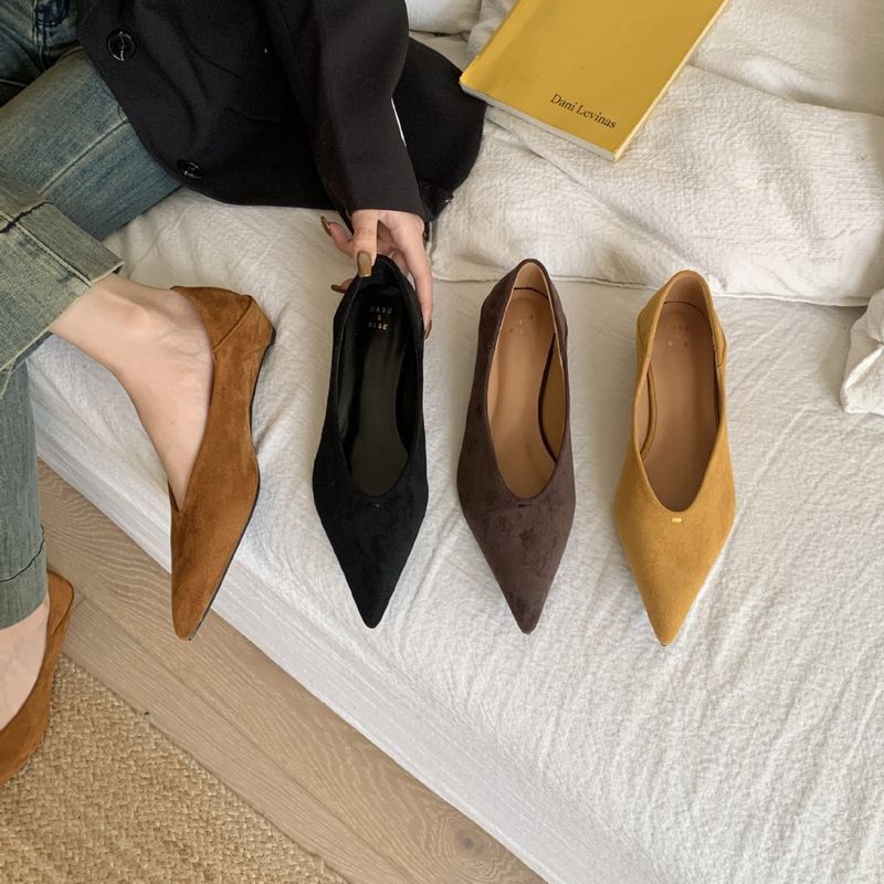French Style Pointed Toe Inner Suede For Women, Autumn And Winter New Versatile Slip-On Shallow Commuter Work Shoes_voghion.com