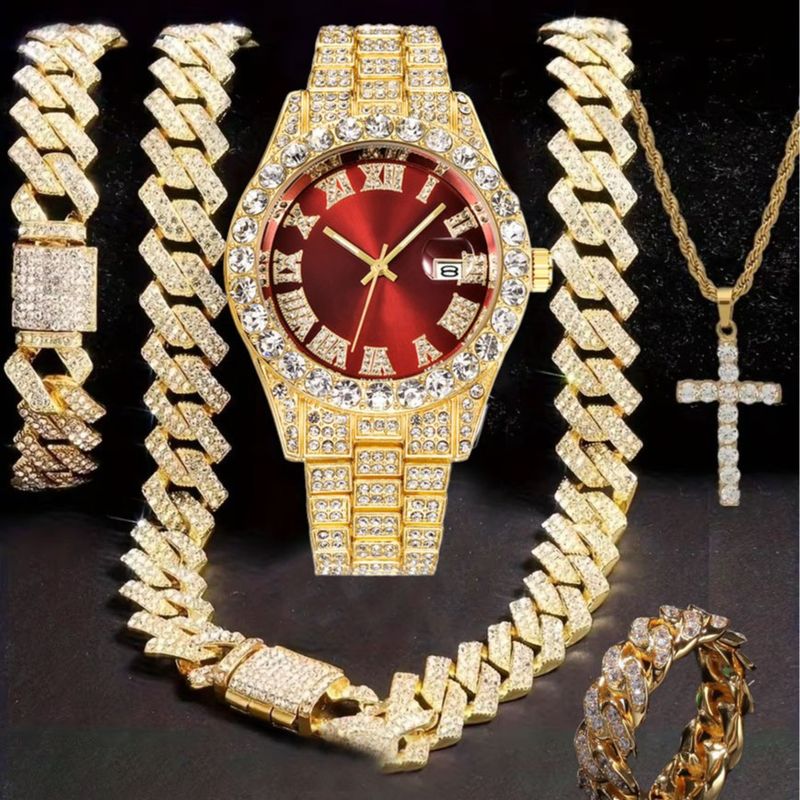 Orologio Hip Hop tempestato di diamanti, composto da cinque pezzi, con collana a croce a forma di diamante e anello cubano._voghion.com