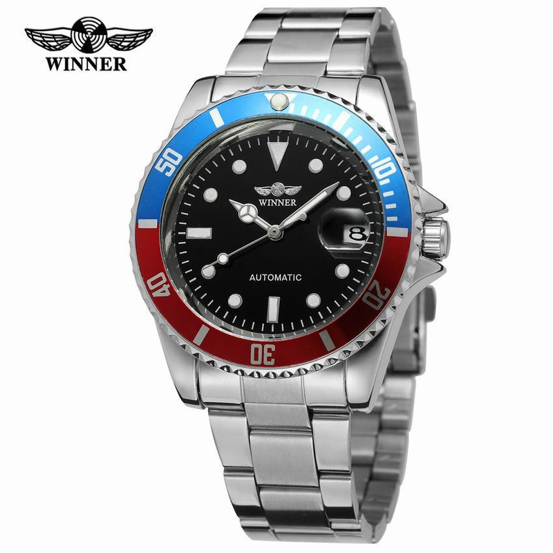 Automatische mechanische Herrenuhr mit leuchtenden Zeigern, Datumsanzeige, Skelettzifferblatt und Edelstahlarmband. Stahlarmbanduhr für Herren_voghion.com