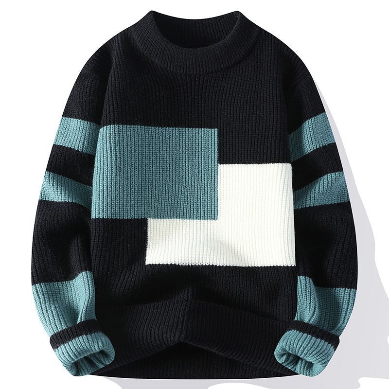 Autumn Winter New Men's Youth Color Block Trendy Student Crew Neck Pullover Knitted Sweater_voghion.com