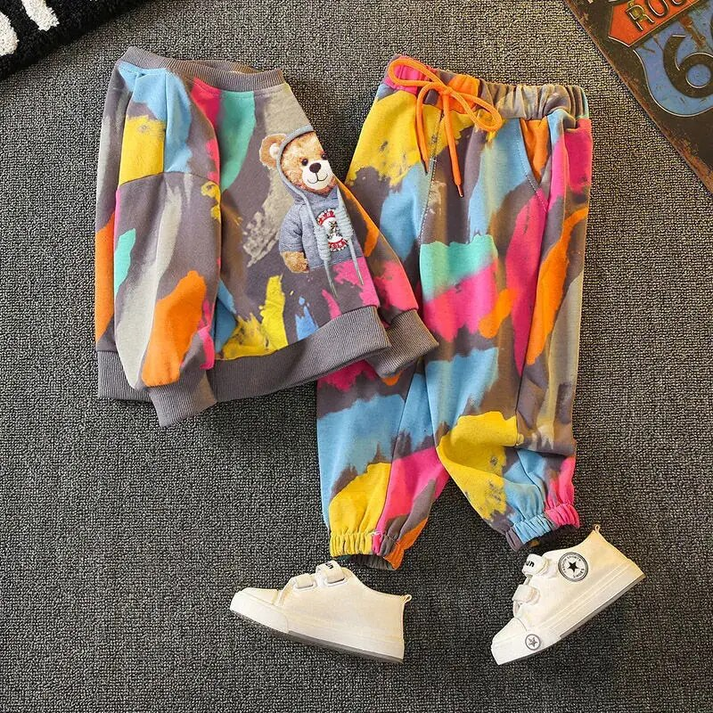 Frühling Kleinkind Baby Kleidung Set Mode Graffiti Pullover Und Hose Outfit Kinder Junge Mädchen Cartoon Bär Top Und Bottom Trainingsanzug_voghion.com