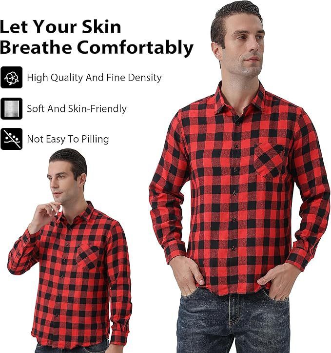 Men's Flannel Shirt – Soft Brushed Cotton Long Sleeve Plaid Shirt (38-44, Anti-Wrinkle & Breathable, Streetwear Essential For Layering)_voghion.com