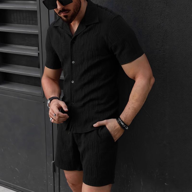 Erkek Giyim Kısa Kollu Gömlek Şort Spor Eğlence Plaj İki Parça Takım Elbise_voghion.com