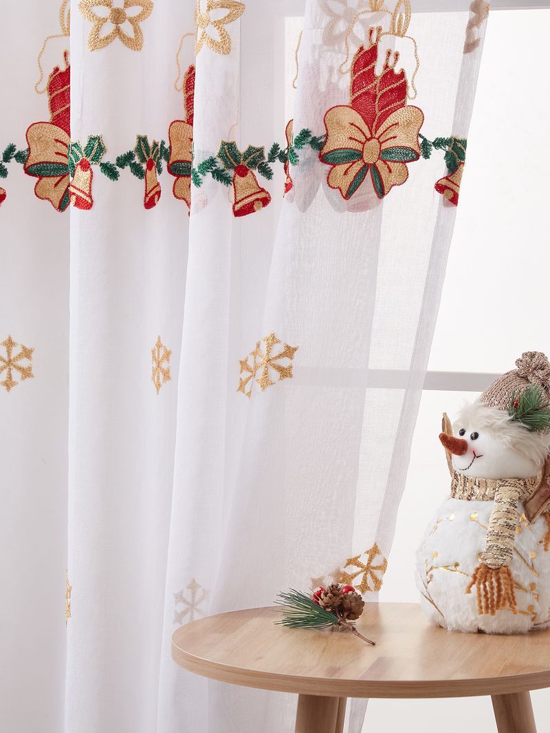Polyester gordijnen met geborduurde kerstsneeuwvlokken - semi-transparant raampaneel voor woonkamer/slaapkamer (130x214/245cm, roedezak, rood/wit)_voghion.com