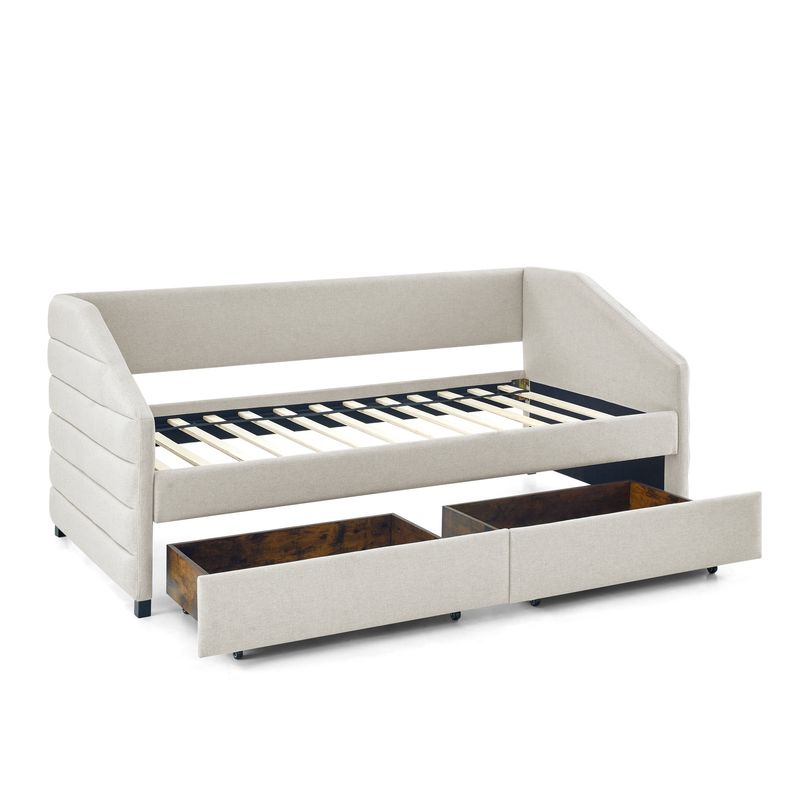Twin Size Daybed with Two Drawers Trundle Upholstered Tufted Sofa Bed, Linen Fabric, Beige (82.5"x42.5"x34")_voghion.com