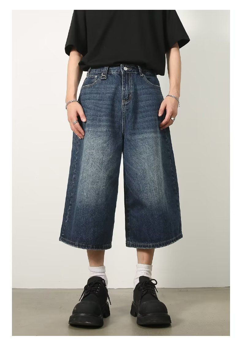 Herrenbekleidung Baggy Jeans Sommer Loose Silhouette Washed Retro Distressed Seven Point Straight Denim Shorts_voghion.com