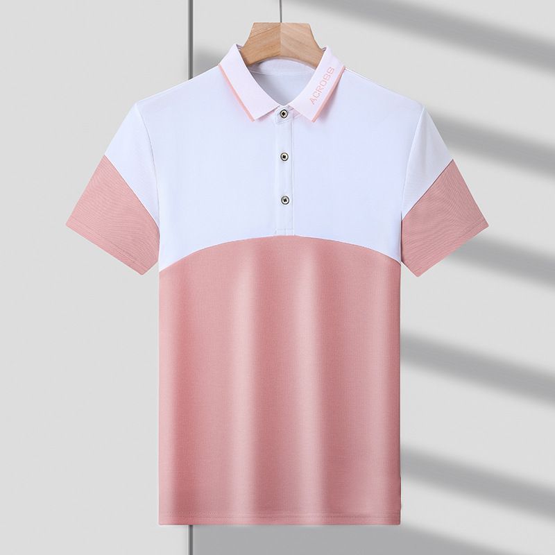 Tricou de vară pentru bărbați, cu mânecă scurtă, cu guler larg, de lux, cu blocare a culorilor, tip polo, casual, cu micro elasticitate_voghion.com