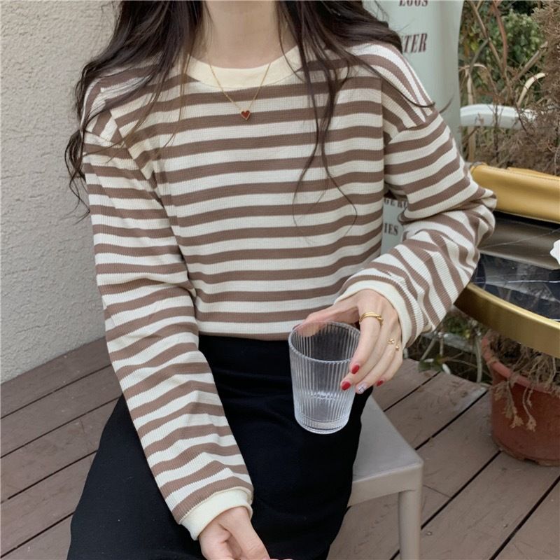 Maglietta a maniche lunghe con base a righe color-block per donna, elegante e casual, per l'inizio dell'autunno, per il pendolarismo_voghion.com