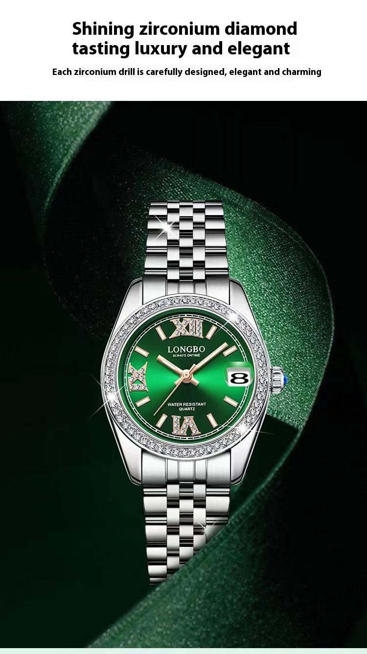 Longbo New Green Face Live Belt Women's Watch Calendar Diamond Steel Band Round Watch/Can be replaced_voghion.com