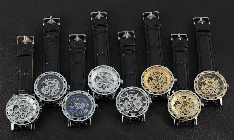 Men's Fashion Skeleton Mechanical Watch With Rhinestones - Hand-Winding Luxury Timepiece, 40mm Leather Strap, Stainless Steel Buckle_voghion.com