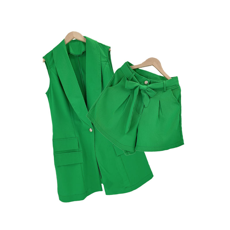 Damenmode einfarbig ärmellos Revers Damen kleiner Anzug Mode lässig Shorts Anzug_voghion.com