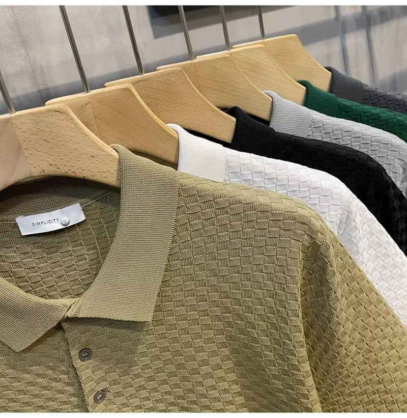 Herrenbekleidung Sommer New Ins Revers Kurzarm Poloshirt Herren Leichtes Luxus All Match Einfarbiges Kariertes Textur T-Shirt_voghion.com