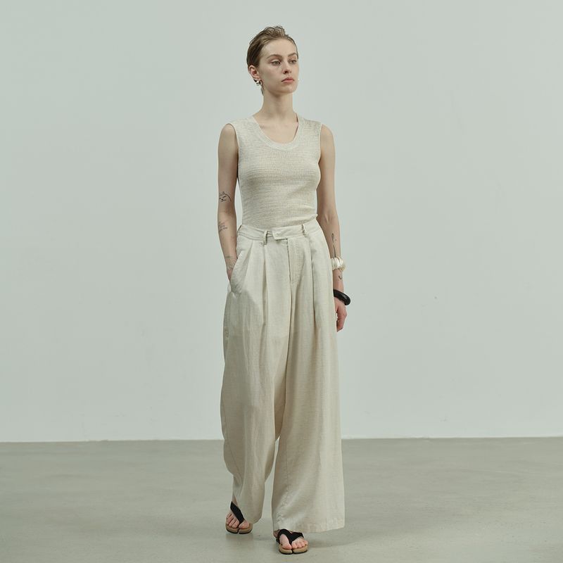 Convient à toutes les saisons UMA WHITE Guangzhou Treize Usines Run Deng 2025 Printemps Nouveau Décontracté Pour Femmes Tencel Lin Mélangé Pantalon Long à Jambe Large_voghion.com