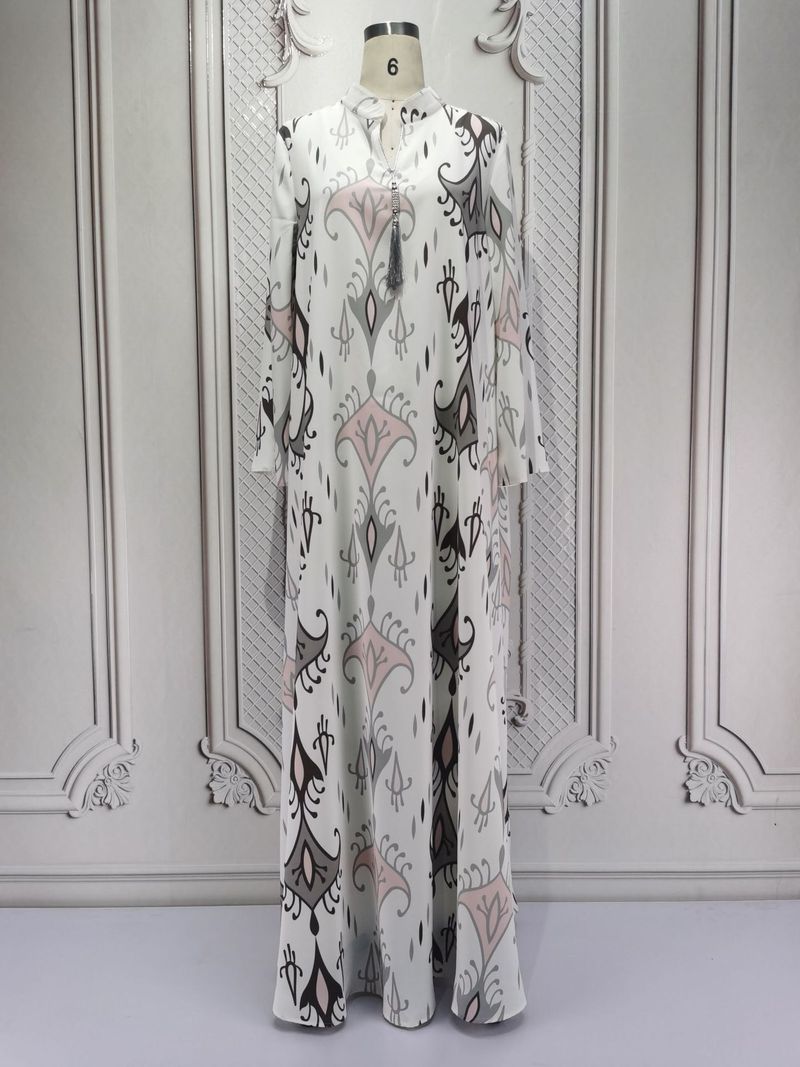 Elegant Digital Print Muslim Abaya Dress For Women - Modest Long Sleeve Maxi Dress With Silver Pendant Detail, Polyester Fabric, Available In White_voghion.com