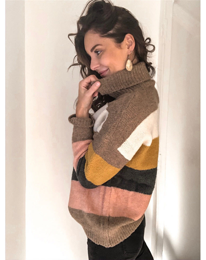 Abbigliamento donna Autunno e inverno Nuovo maglione a collo alto con cuciture OL Maglione a righe da donna di grandi dimensioni_voghion.com