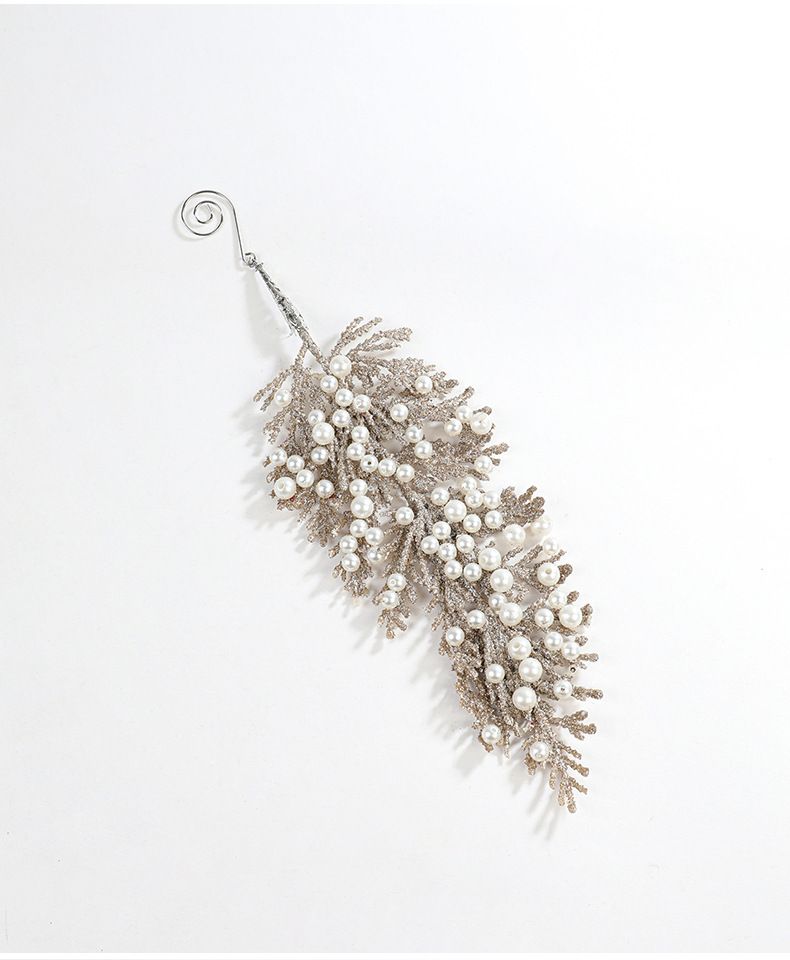 Ornements de Noël en forme de feuille de pin en plastique orné de perles couleur champagne doré – Décoration élégante et irrégulière à suspendre pour décorer votre sapin et votre intérieur pendant les fêtes._voghion.com