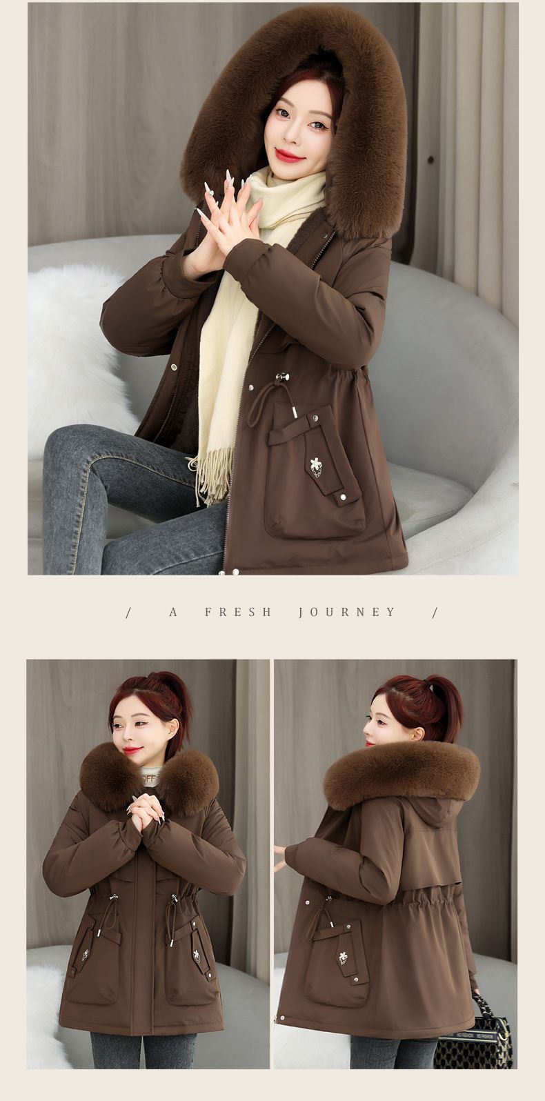Damenbekleidung, Fleecegefütterter Parkamantel, warme Winterjacke mit Kapuze und Kaninchenfellbesatz, mittellange Pufferjacke, schmale Passform, Reißverschluss_voghion.com