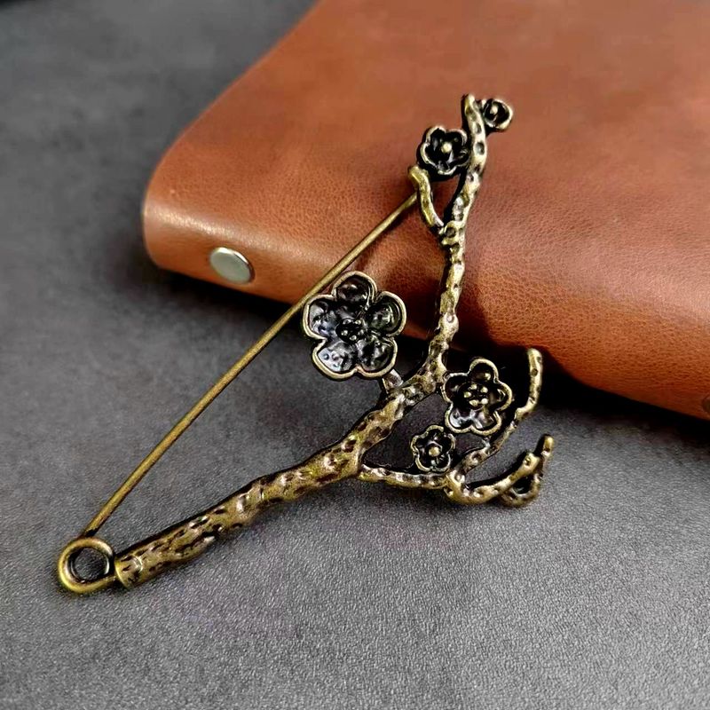 JM Bronzo Antico Elettrolitico Motivo Piuma Fiore Ramo Uccello Foglia Spilla Artistica Grande Accessorio_voghion.com