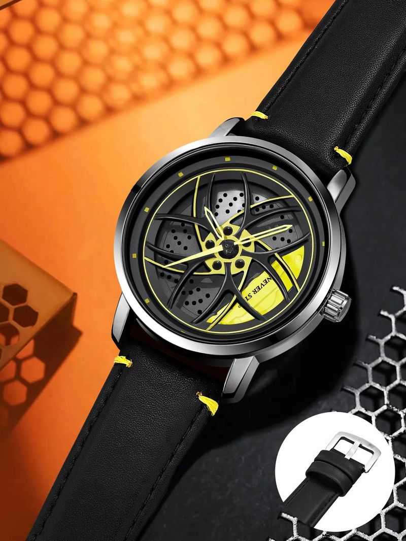 Orologio rotante con cinturino in pelle, tendenza moda, al quarzo, da uomo, con contorno, set di scatole_voghion.com