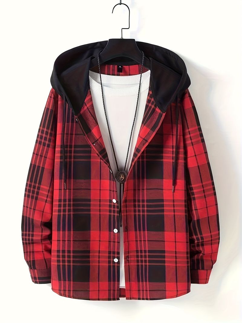 Lässiger karierter Herren-Cardigan mit Kapuze und langen Ärmeln_voghion.com