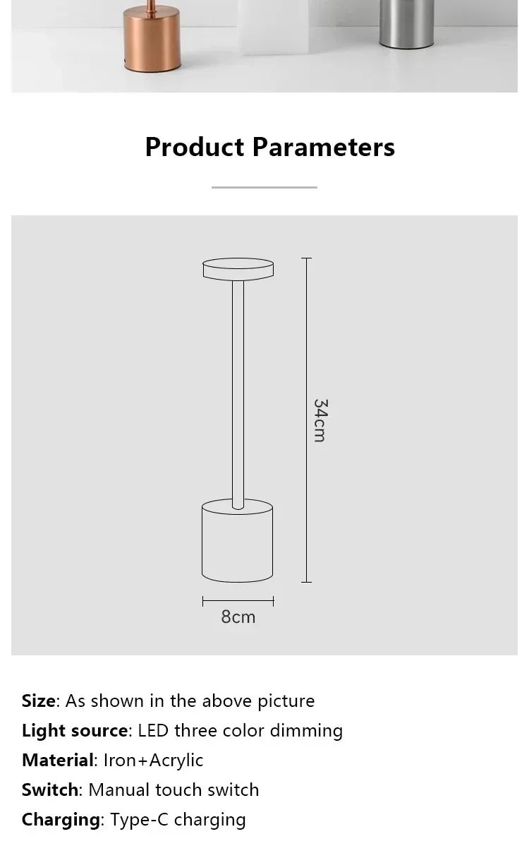 Luminária de mesa LED com sensor de toque simples, recarregável, 3 cores, ajustável, para cabeceira, ambiente criativo, bar, decoração de sala_voghion.com