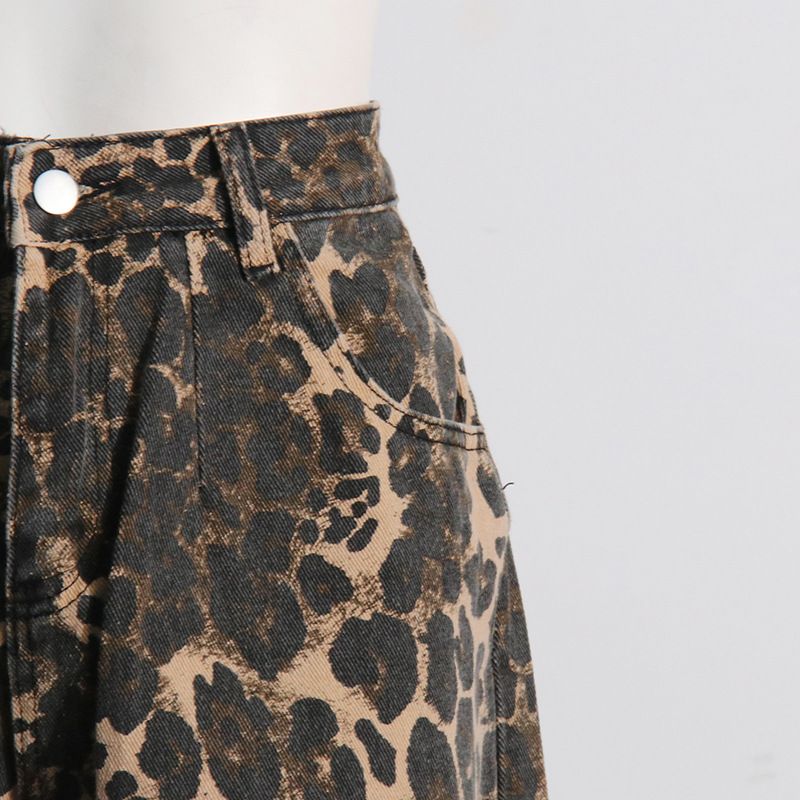 Women's clothing New American Retro Leopard Print High Waist Slim Straight Pants Niche Design Ripped Jeans_voghion.com