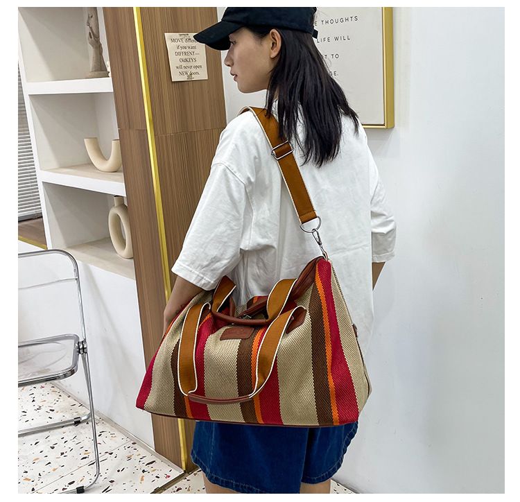 Reisetaschen Neue gestreifte Kurzstrecken-Reisetasche für Damen aus rauem Canvas, Handgepäcktasche, große Kapazität, Schulter-Umhängetasche_voghion.com