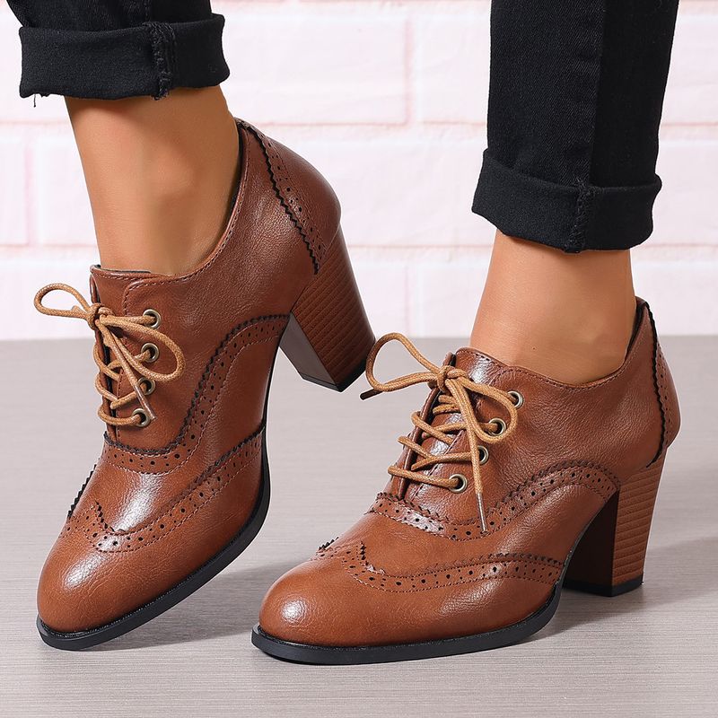 Shliang Britische Frauen Stiefeletten Oxfords High Block Heels Pumps Braunes Leder Runde Zehen Kleid Büro Damen Schnürschuhe Vintage Schuhe Y0125_voghion.com